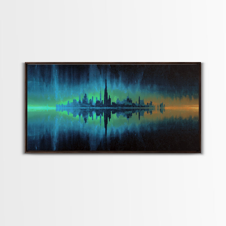 Monochrome City Skyline Reflected Framed Canvas Print, Black and White Art, Cabin Decor, Living Room Decor, Abstract Art, BAW-2x1-79