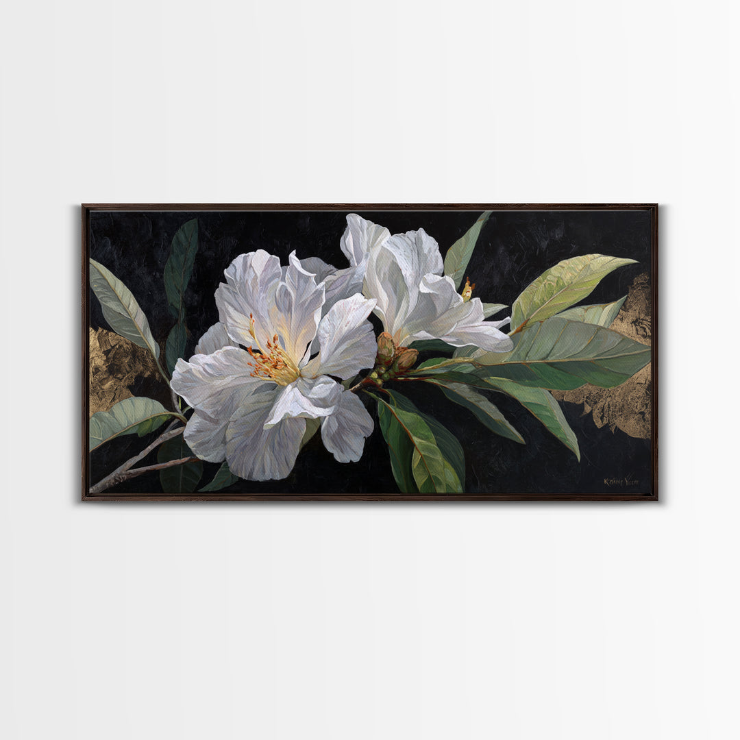 White Flower on Deep Black Background Canvas Print, Black and White Art, Luxury Decor, Living Room Decor, Monochrome, BAW-2x1-8