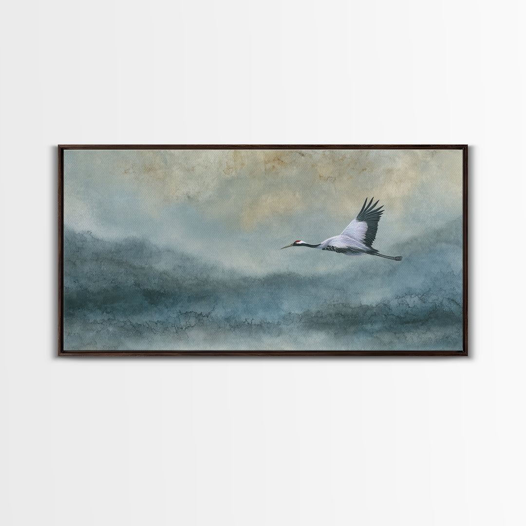 Black Ink Crane Flying Across Empty Sky Canvas Print, Black and White Art, Abstract Art, Living Room Decor, Monochrome, BAW-2x1-81