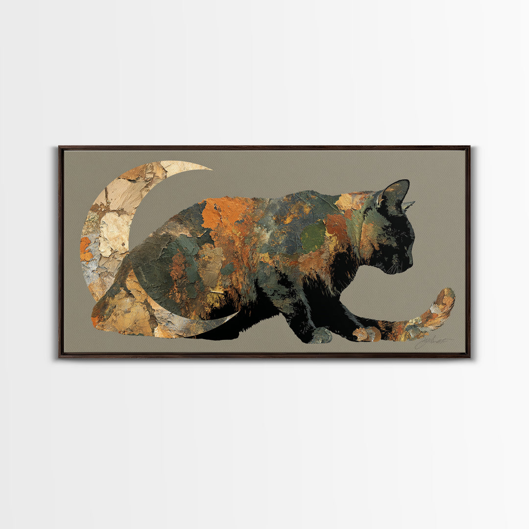 Black Cat Silhouette Framed Canvas Print, Black and White Art, Printable Art, Living Room Decor, Fine Art, Monochrome, BAW-2x1-84