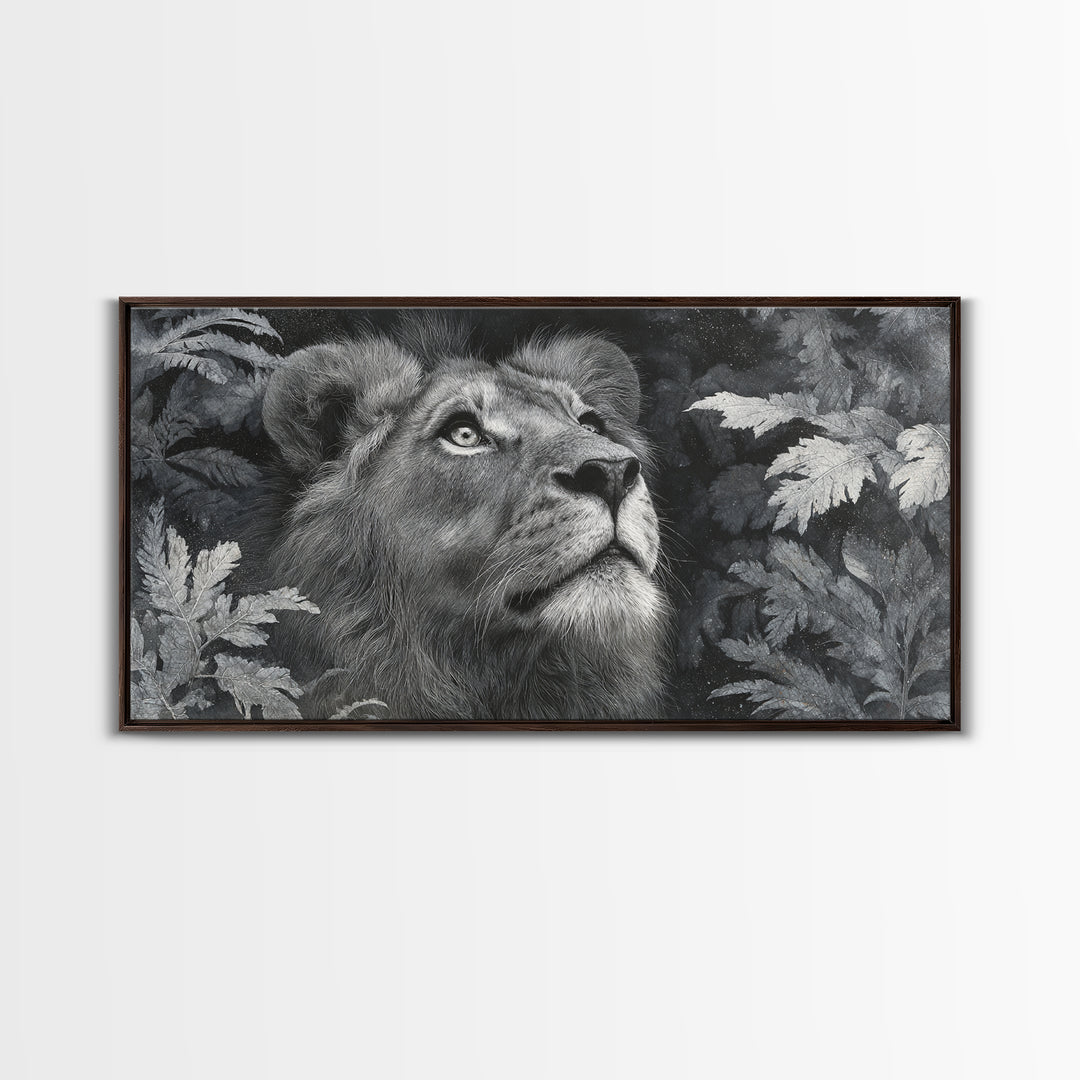 Dramatic Black and White Lion Portrait Framed Canvas Print, Black and White Art, Wood Wall Art, Living Room Decor, Monochrome, BAW-2x1-85