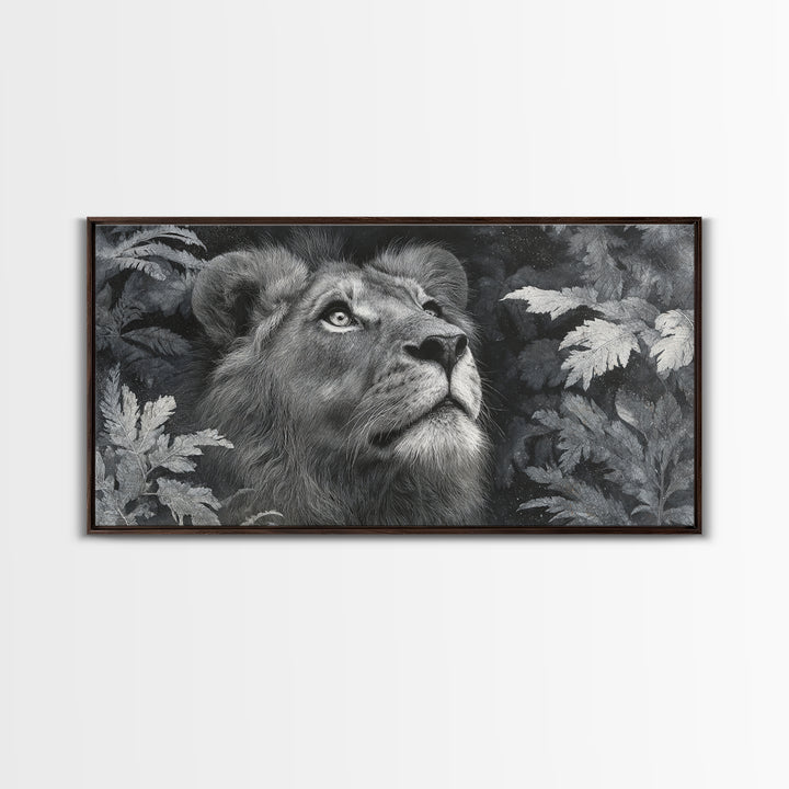 Dramatic Black and White Lion Portrait Framed Canvas Print, Black and White Art, Wood Wall Art, Living Room Decor, Monochrome, BAW-2x1-85
