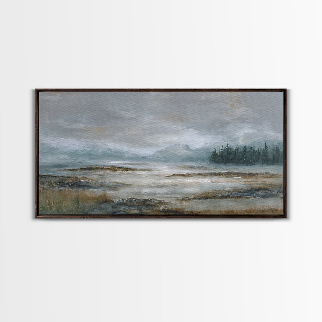 Misty Bridge Landscape Framed Canvas Print, Black and White Art, Retro Wall Art, Living Room Decor, Fine Art, Monochrome, BAW-2x1-87