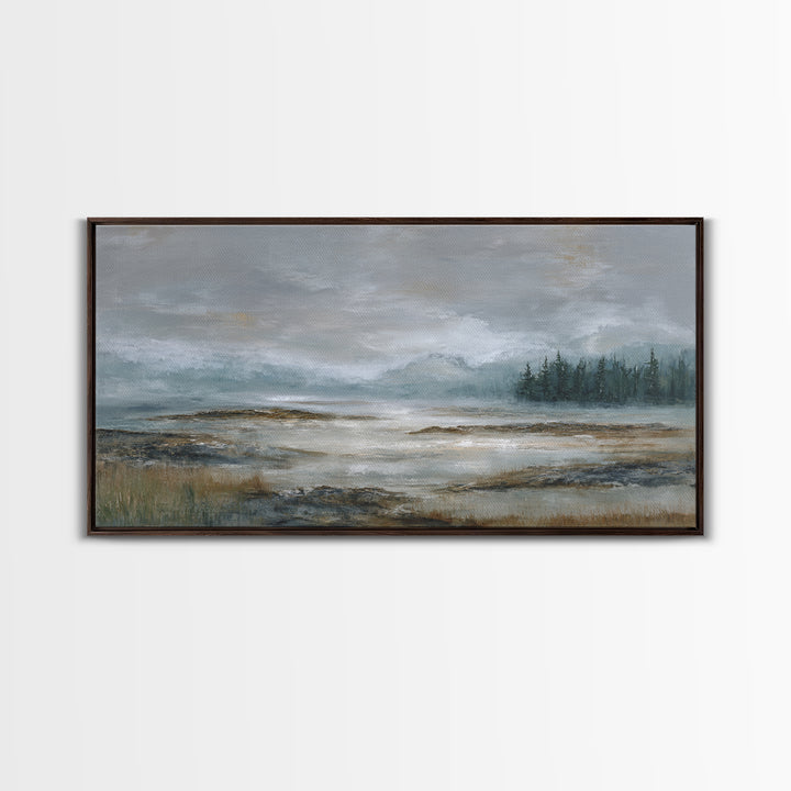 Misty Bridge Landscape Framed Canvas Print, Black and White Art, Retro Wall Art, Living Room Decor, Fine Art, Monochrome, BAW-2x1-87