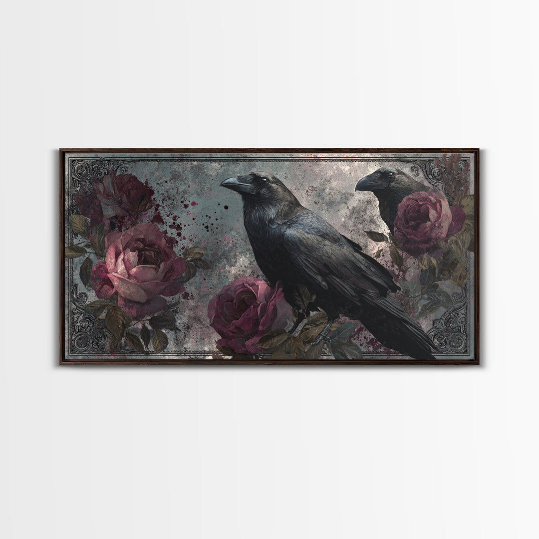 Ink Splatter Raven Composition Framed Canvas Print, Black and White Art, Large Wall Art, Living Room Decor, Monochrome, BAW-2x1-88