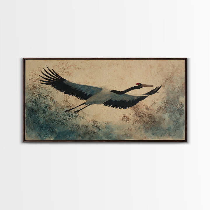 Black Ink Crane Flying Across Empty Sky Canvas Print, Black and White Art, Digital Prints, Living Room Decor, Monochrome, BAW-2x1-9