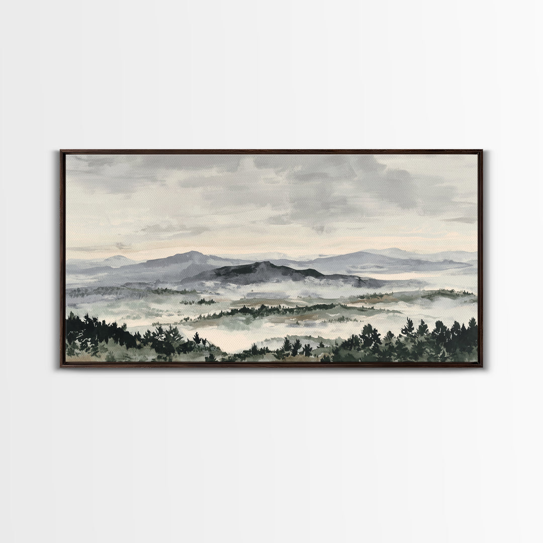Black Ink Mountain Range Canvas Print, Black and White Art, Living Room Decor, Oil Painting, Monochrome, Abstract Wall Art, BAW-2x1-94