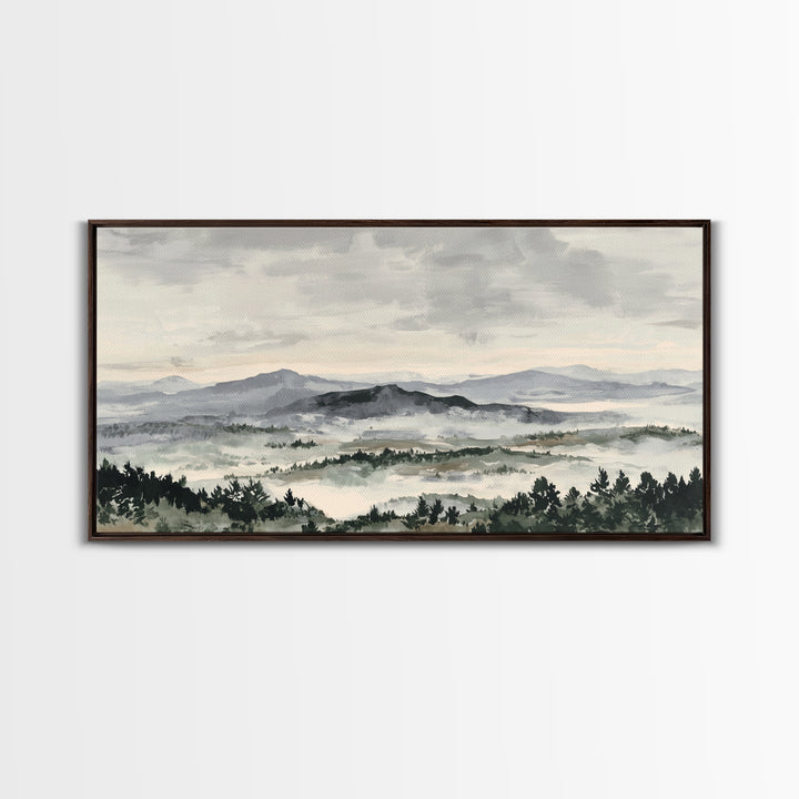 Black Ink Mountain Range Canvas Print, Black and White Art, Living Room Decor, Oil Painting, Monochrome, Abstract Wall Art, BAW-2x1-94