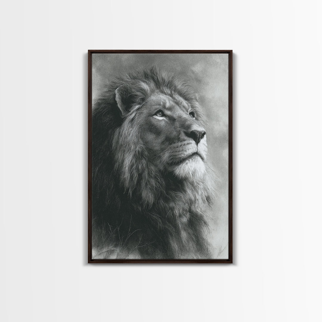 Dramatic Black and White Lion Portrait Framed Canvas Print, Black and White Art, Art Print, Living Room Decor, Monochrome, BAW-2x3-1