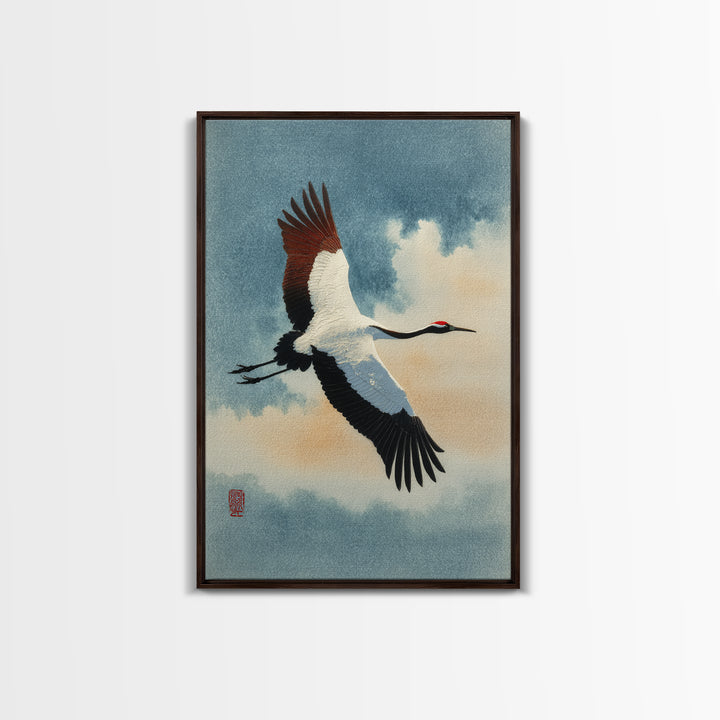 Black Ink Crane Flying Across Empty Sky Canvas Print, Black and White Art, Art Prints, Living Room Decor, Monochrome, BAW-2x3-21