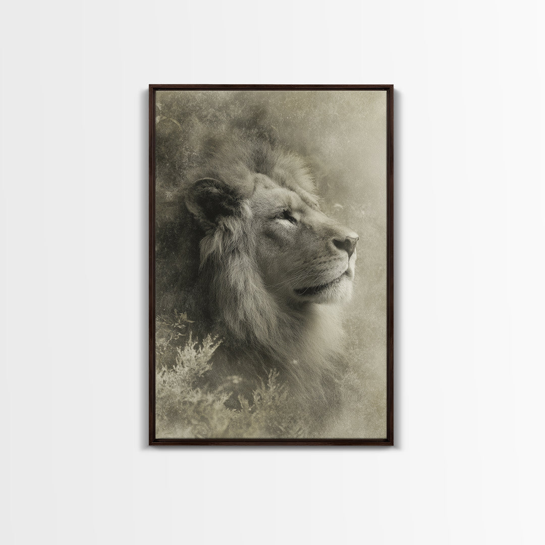Dramatic Black and White Lion Portrait Framed Canvas Print, Black and White Art, Art Print, Living Room Decor, Monochrome, BAW-2x3-25