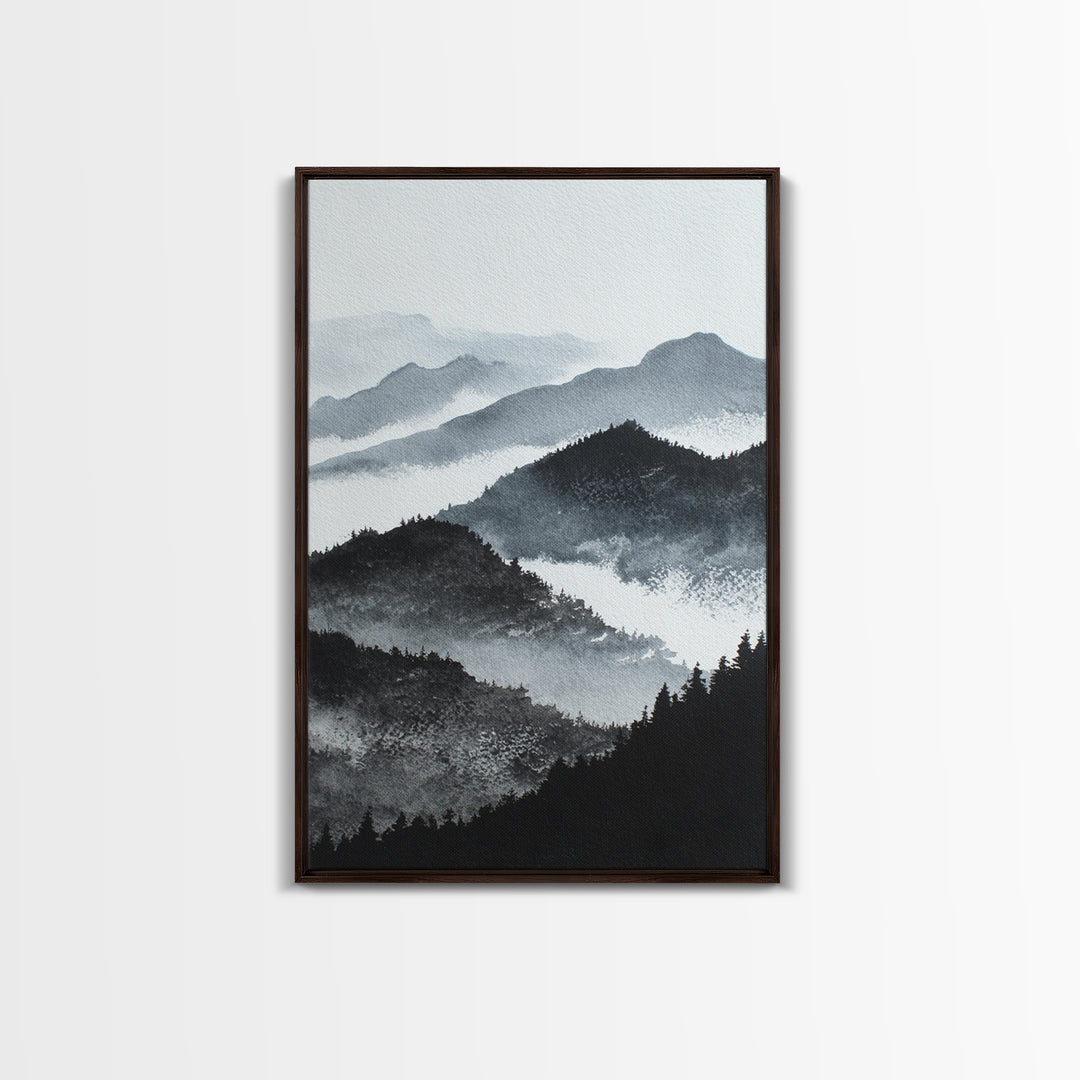 Black Ink Mountain Range Framed Canvas Print, Black and White Art, Halloween Decor, Living Room Decor, Fine Art, Monochrome, BAW-2x3-34