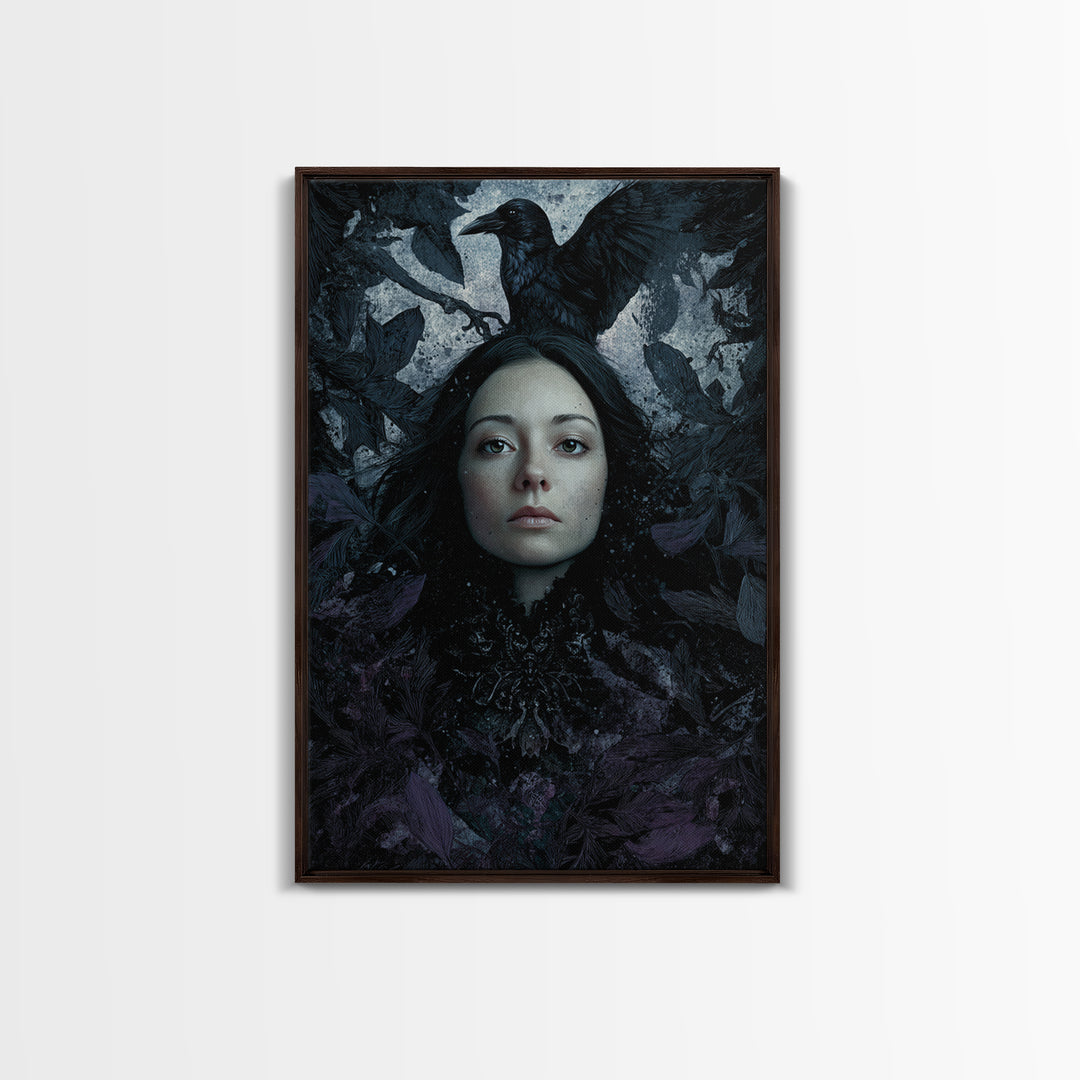 Ink Splatter Raven Composition Framed Canvas Print, Black and White Art, Contemporary Art, Living Room Decor, Monochrome, BAW-2x3-4