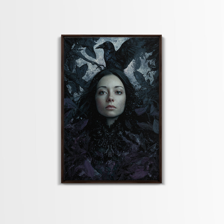 Ink Splatter Raven Composition Framed Canvas Print, Black and White Art, Contemporary Art, Living Room Decor, Monochrome, BAW-2x3-4