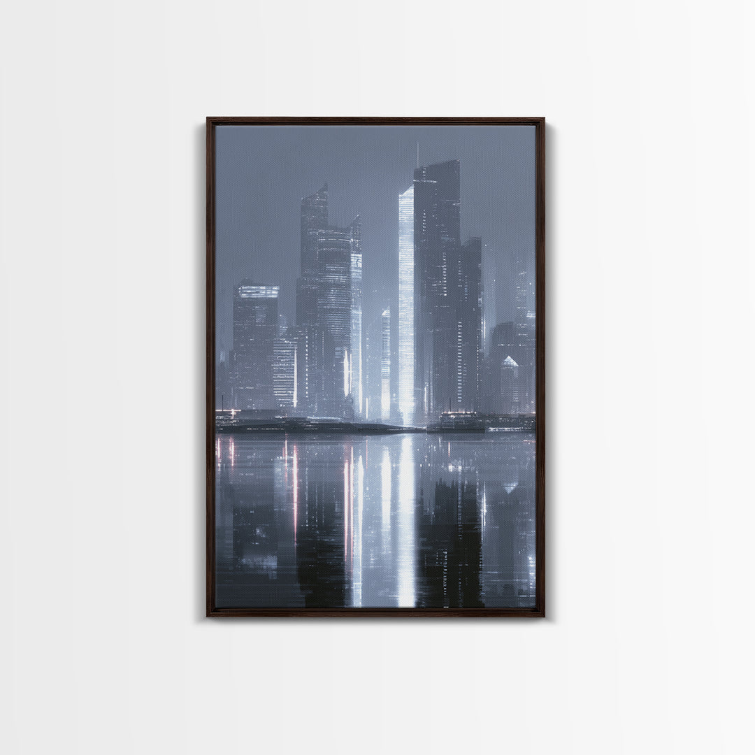 Monochrome City Skyline Reflected Canvas Print, Black and White Art, Printable Wall Art, Living Room Decor, Monochrome, BAW-2x3-43