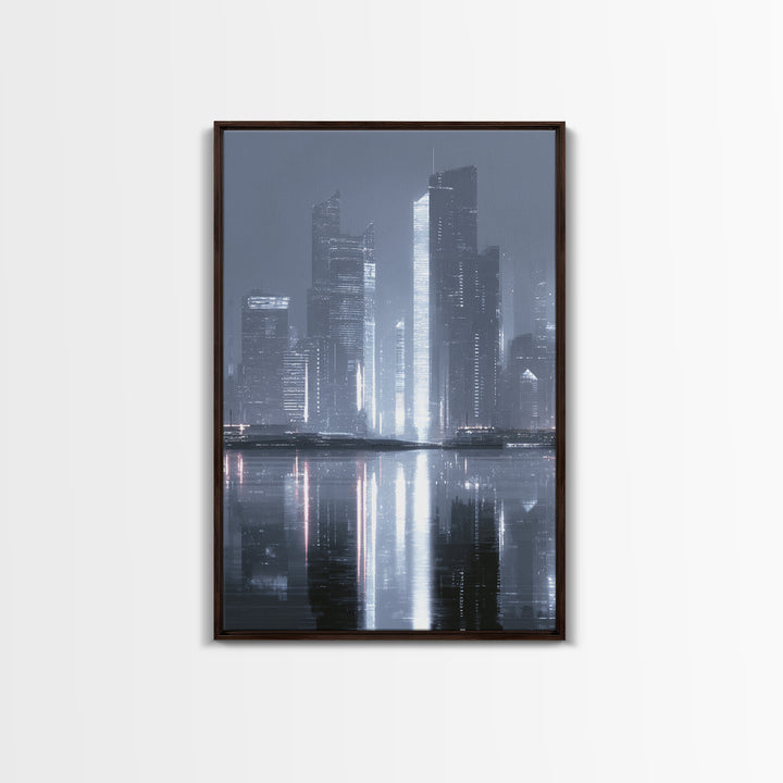 Monochrome City Skyline Reflected Canvas Print, Black and White Art, Printable Wall Art, Living Room Decor, Monochrome, BAW-2x3-43