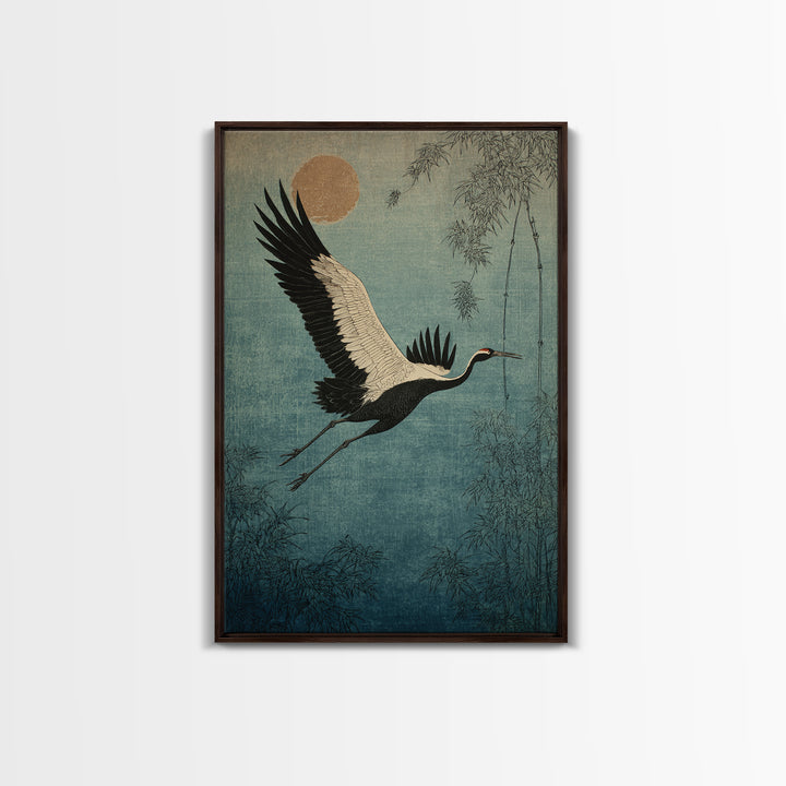 Black Ink Crane Flying Across Empty Sky Canvas Print, Black and White Art, Gothic Decor, Living Room Decor, Monochrome, BAW-2x3-45
