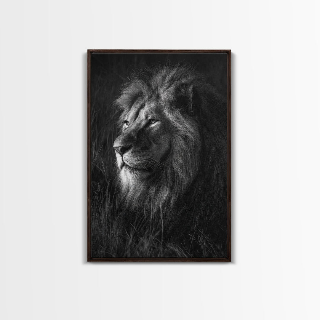 Dramatic Black and White Lion Portrait Canvas Print, Black and White Art, Large Wall Art, Living Room Decor, Monochrome, BAW-2x3-49