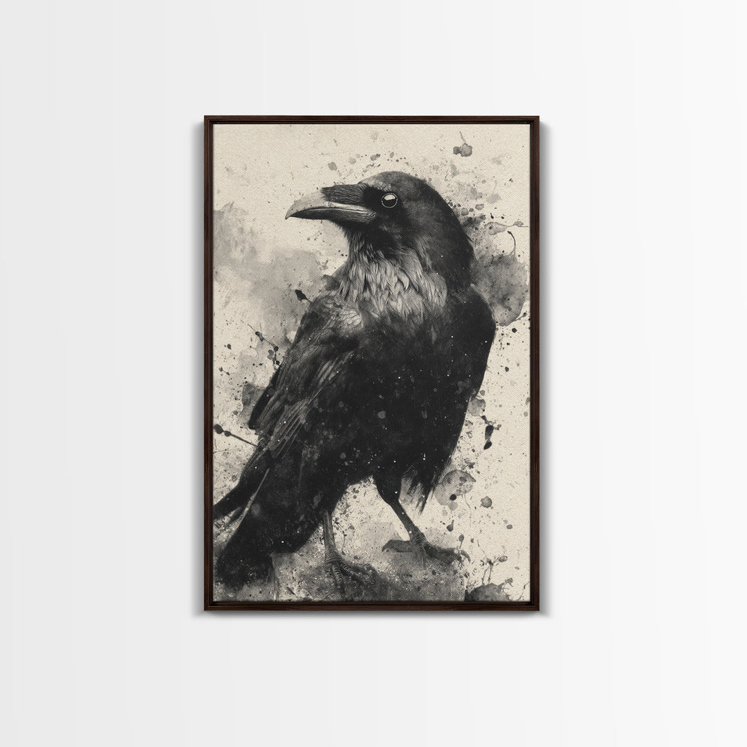 Ink Splatter Raven Composition Framed Canvas Print, Black and White Art, Art, Living Room Decor, Fine Art, Monochrome, BAW-2x3-52