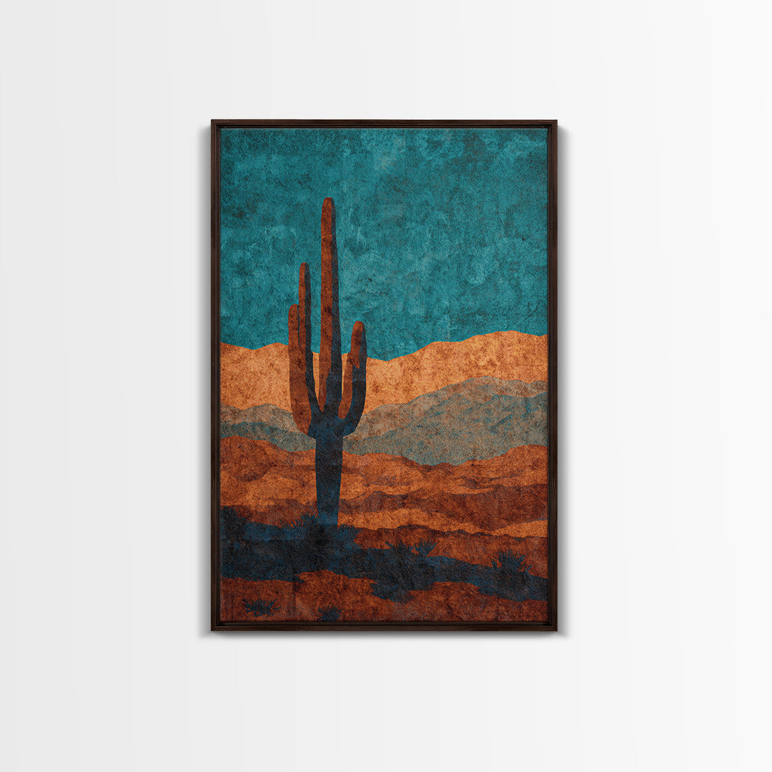 Monochrome Desert Cactus Silhouette Framed Canvas Print, Black and White Art, Original Art, Living Room Decor, Monochrome, BAW-2x3-53