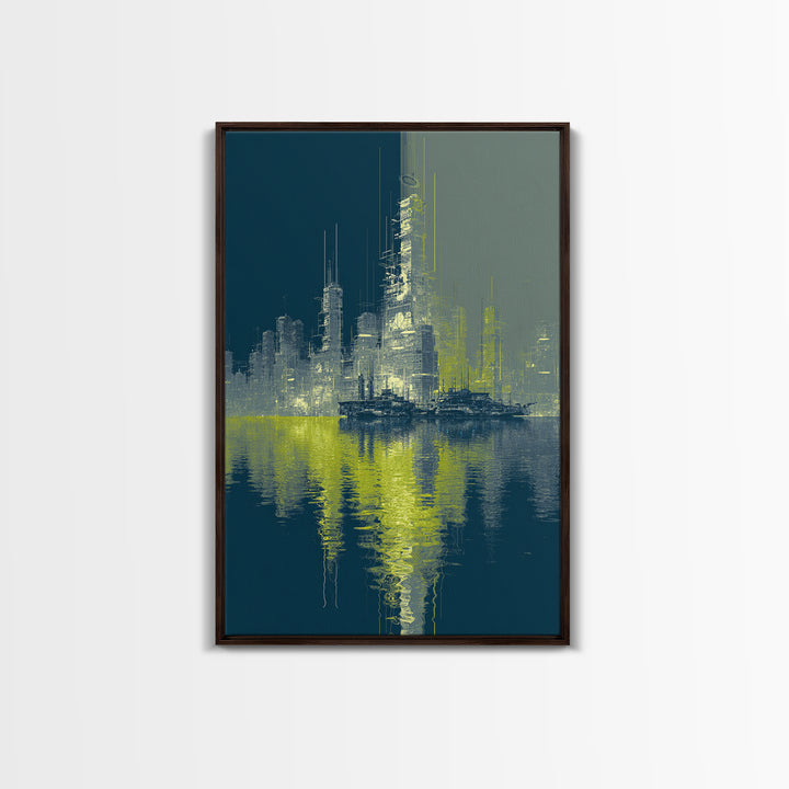 Monochrome City Skyline Reflected Canvas Print, Black and White Art, Wood Wall Art, Living Room Decor, Fine Art, Monochrome, BAW-2x3-67