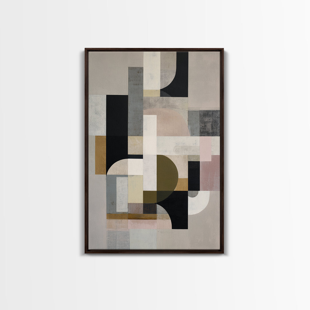 Geometric Bauhaus Grayscale Shapes Framed Canvas Print, Black and White Art, Digital Art, Living Room Decor, Abstract Art, BAW-2x3-74