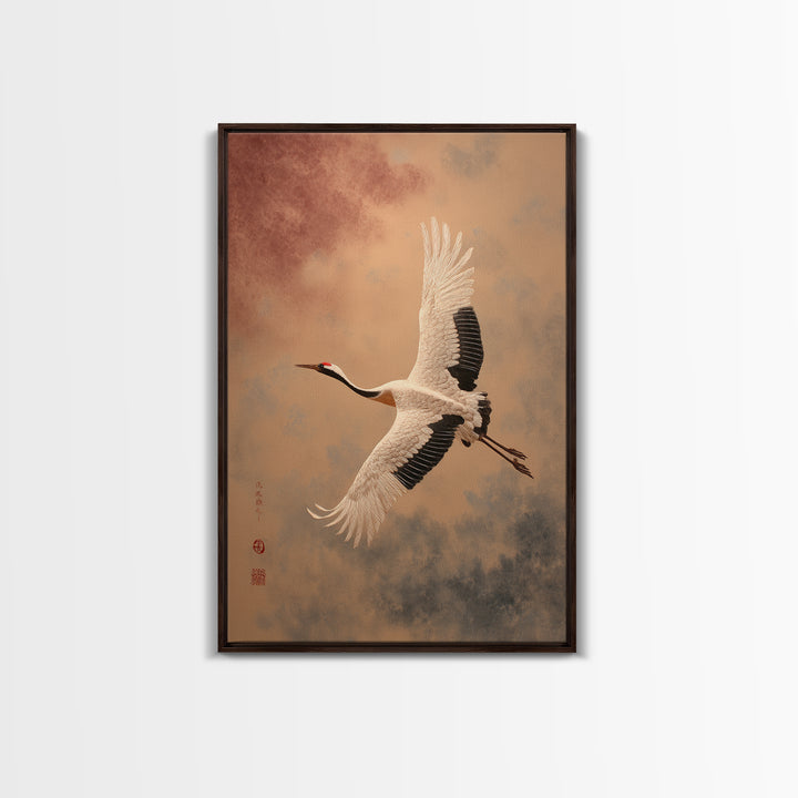 Black Ink Crane Flying Across Empty Sky Framed Canvas Print, Black and White Art, Printable Art, Living Room Decor, Monochrome, BAW-2x3-93