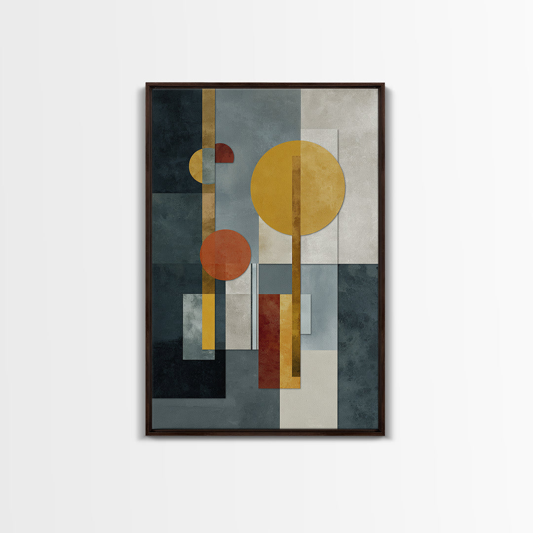 Geometric Bauhaus Grayscale Shapes Framed Canvas Print, Black and White Art, Digital Art, Living Room Decor, Abstract Art, BAW-2x3-98