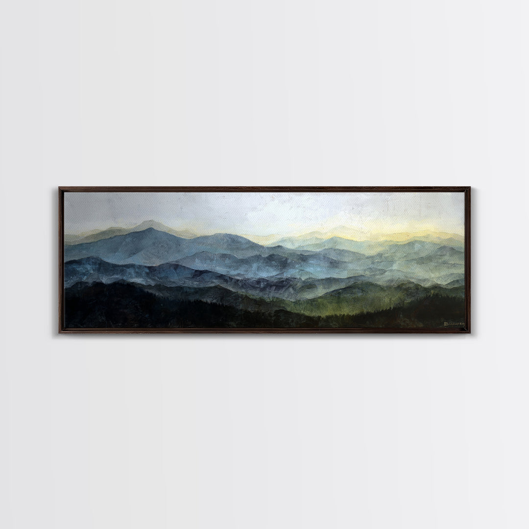 Black Ink Mountain Range Framed Canvas Print, Black and White Art, Large Wall Art, Living Room Decor, Fine Art, Monochrome, BAW-3x1-18