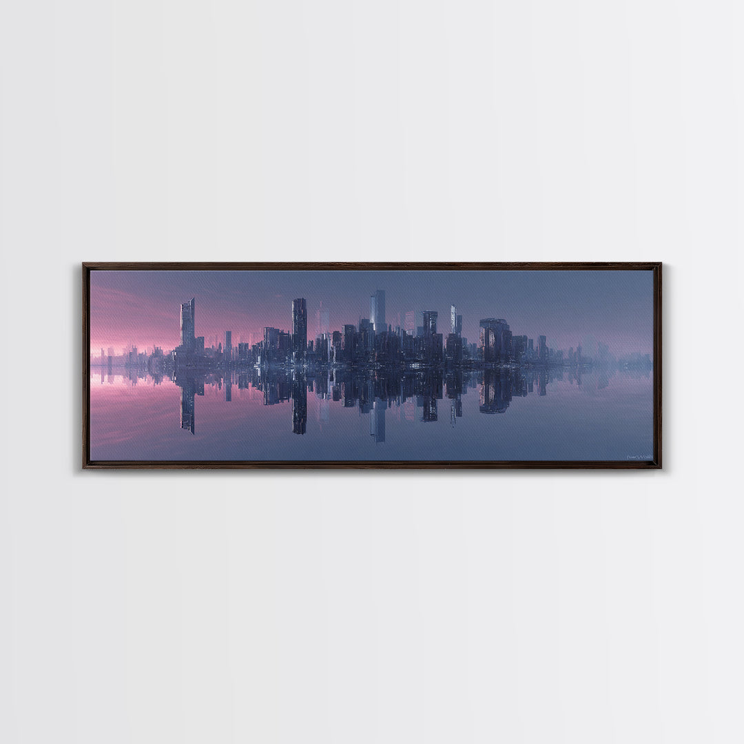 Monochrome City Skyline Reflected Canvas Print, Black and White Art, Textured Painting, Living Room Decor, Monochrome, BAW-3x1-27