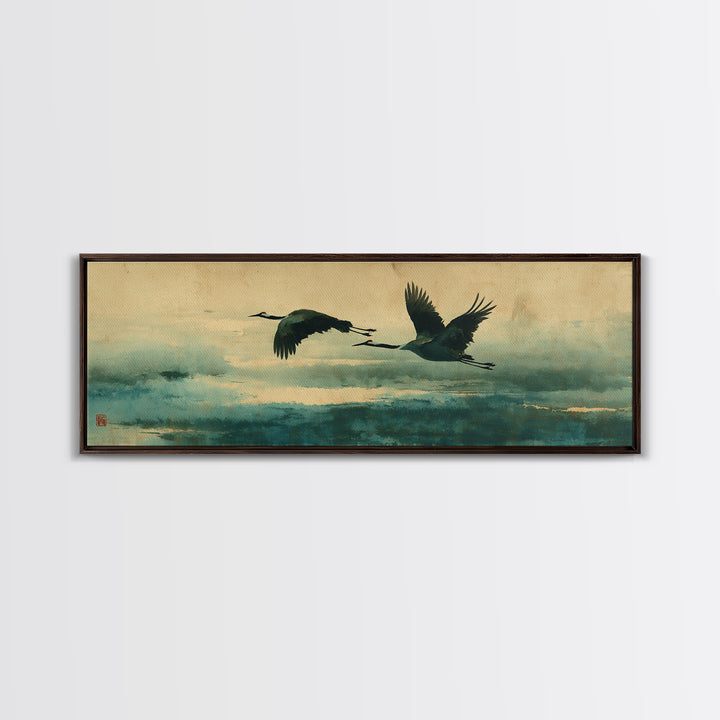 Black Ink Crane Flying Across Empty Sky Canvas Print, Black and White Art, Modern Wall Art, Living Room Decor, Oil Painting, BAW-3x1-29