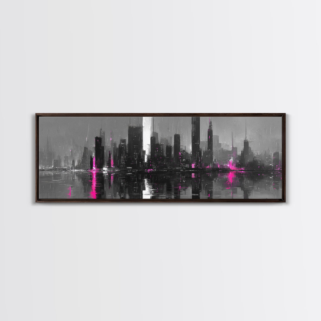 Monochrome City Skyline Reflected Canvas Print, Black and White Art, Fine Art Print, Living Room Decor, Abstract Art, BAW-3x1-3