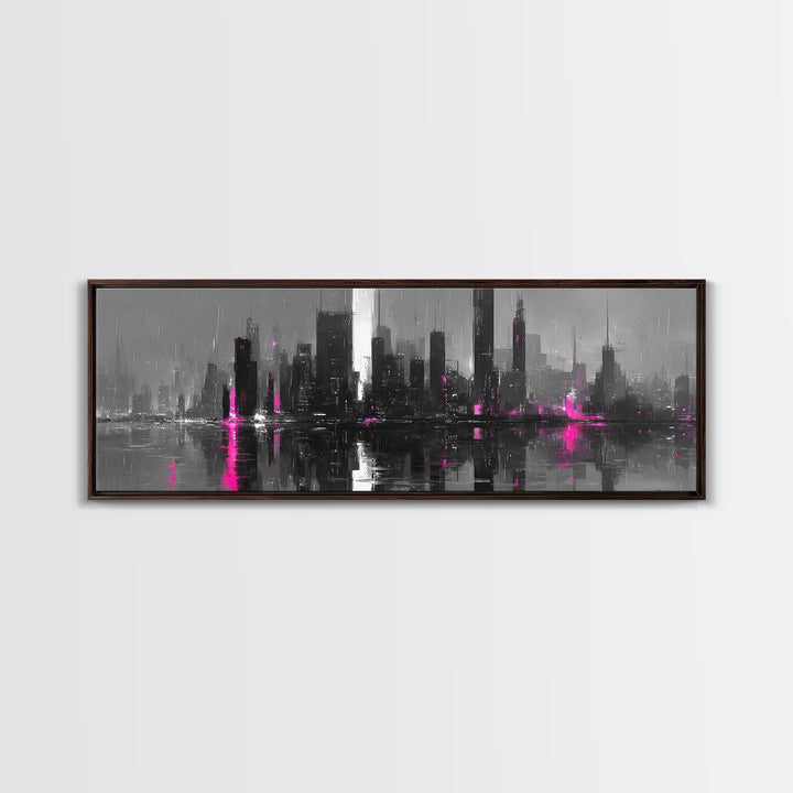 Monochrome City Skyline Reflected Canvas Print, Black and White Art, Fine Art Print, Living Room Decor, Abstract Art, BAW-3x1-3