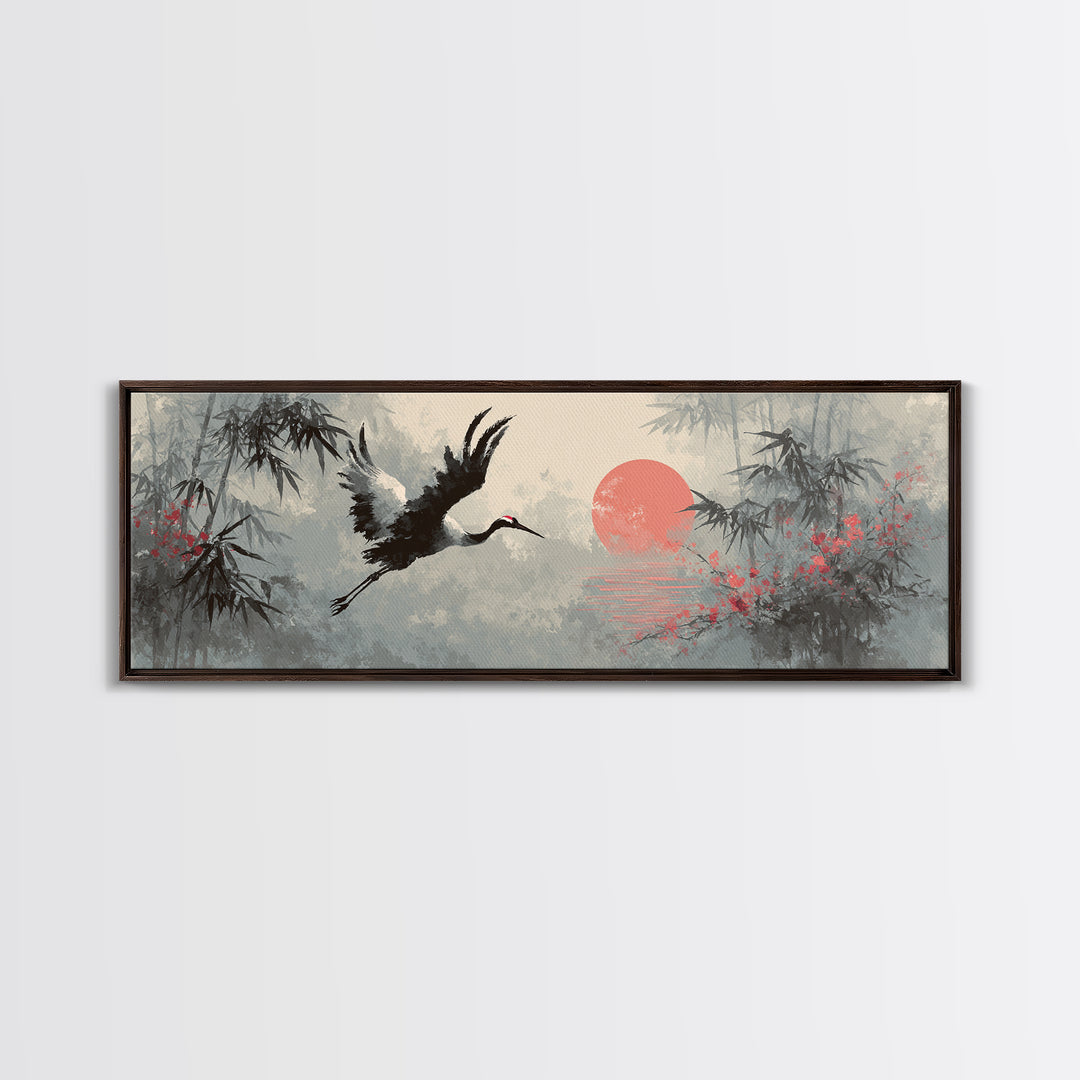 Black Ink Crane Flying Across Empty Sky Canvas Print, Black and White Art, Abstract Art, Living Room Decor, Monochrome, BAW-3x1-5