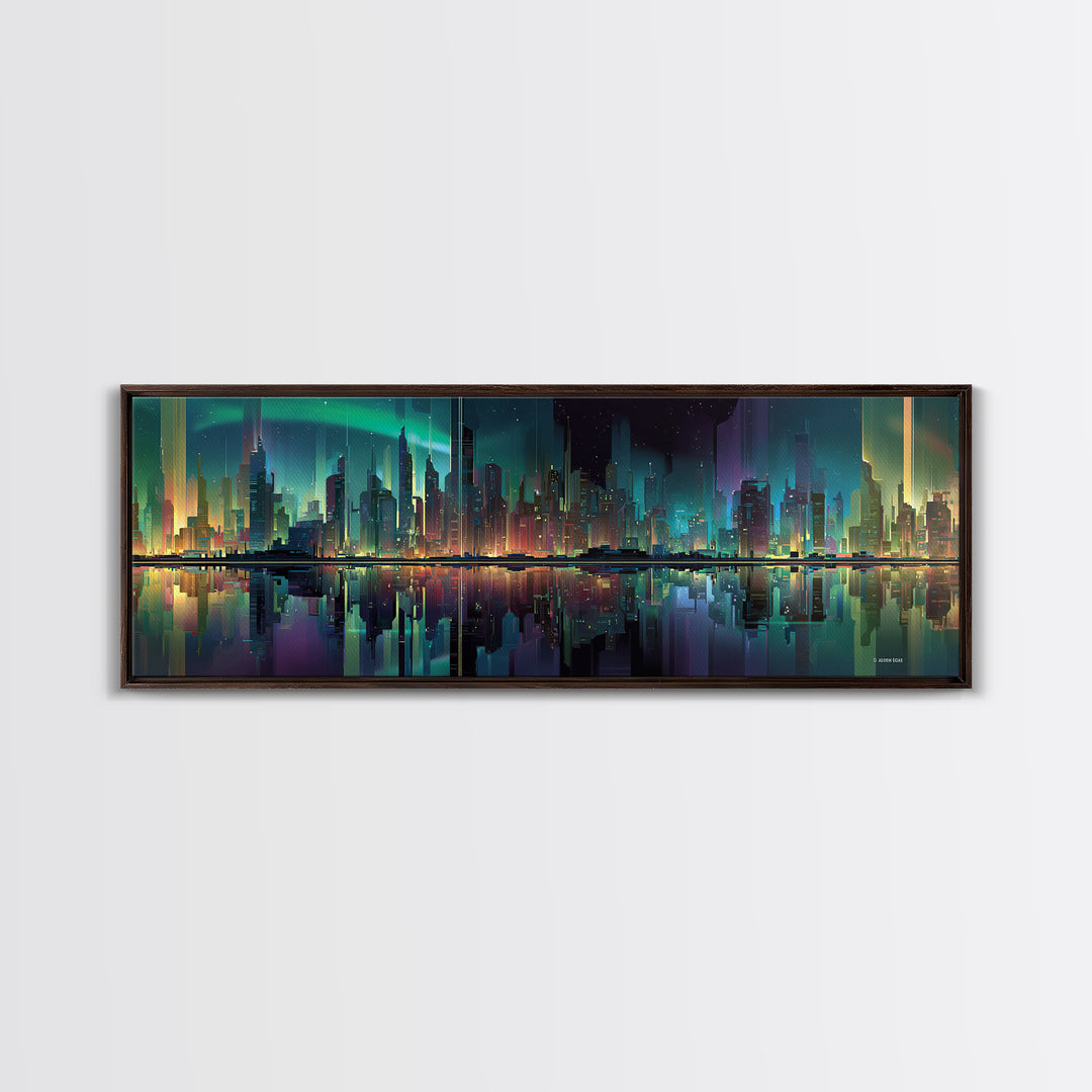 Monochrome City Skyline Reflected Framed Canvas Print, Black and White Art, Art Print, Living Room Decor, Fine Art, Monochrome, BAW-3x1-51