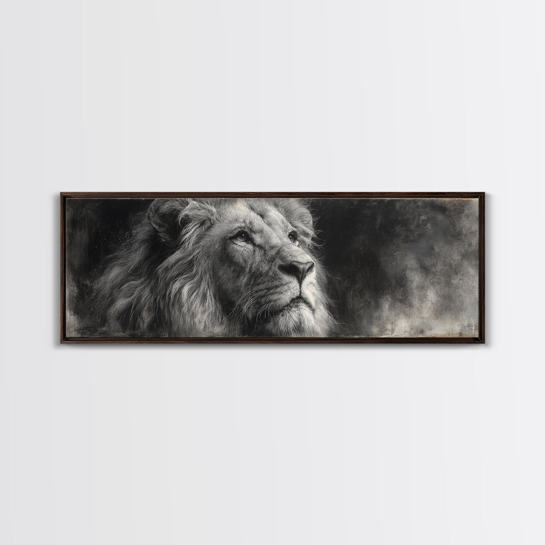Dramatic Black and White Lion Portrait Framed Canvas Print, Black and White Art, Cabin Decor, Living Room Decor, Monochrome, BAW-3x1-57