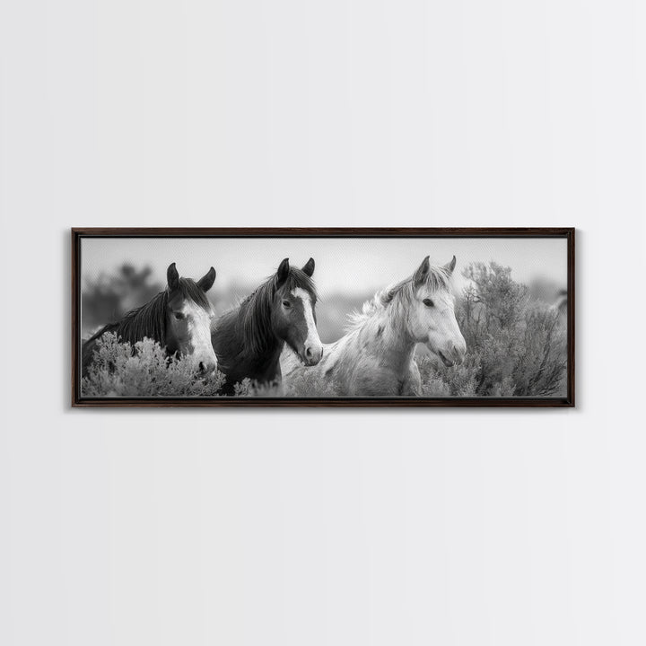 Black and White Wild Horse Portrait Framed Canvas Print, Black and White Art, Gallery Decor, Living Room Decor, Monochrome, BAW-3x1-69