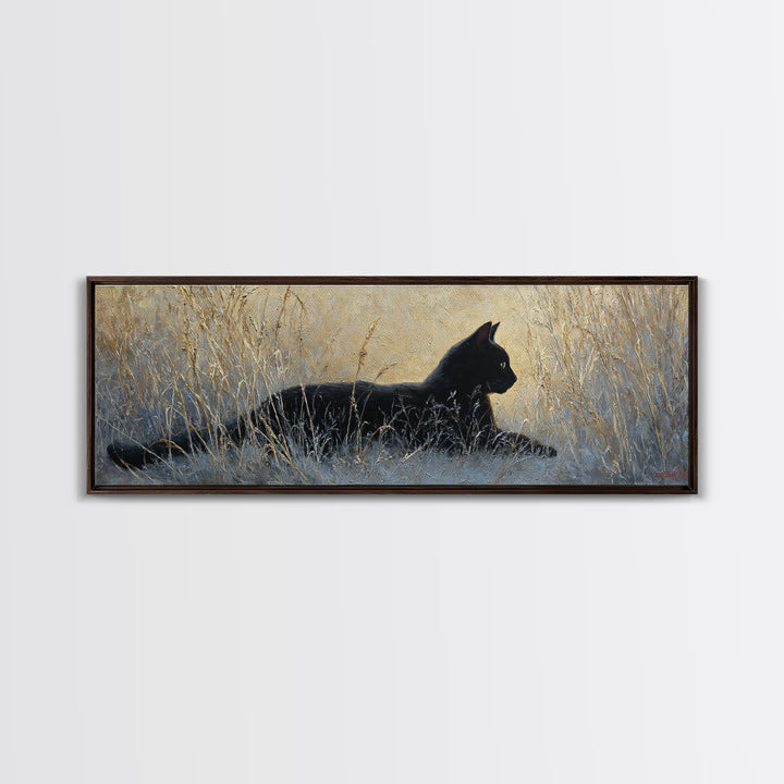 Black Cat Silhouette Canvas Print, Black and White Art, Digital Prints, Living Room Decor, Fine Art, Monochrome, Wood Wall Art, BAW-3x1-80