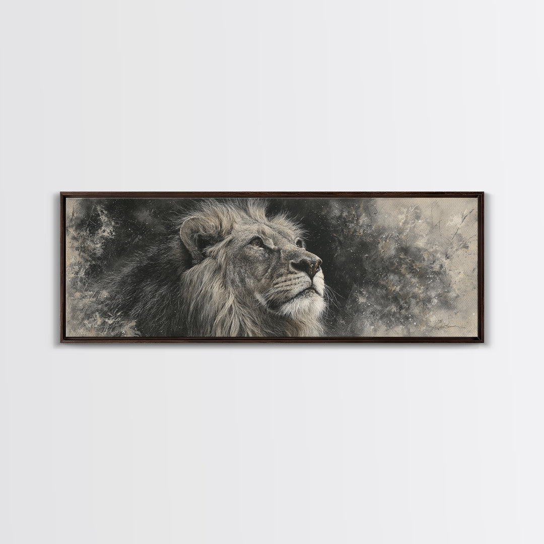 Dramatic Black and White Lion Portrait Framed Canvas Print, Black and White Art, Cabin Decor, Living Room Decor, Monochrome, BAW-3x1-81