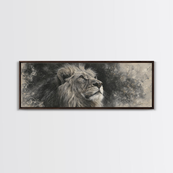 Dramatic Black and White Lion Portrait Framed Canvas Print, Black and White Art, Cabin Decor, Living Room Decor, Monochrome, BAW-3x1-81