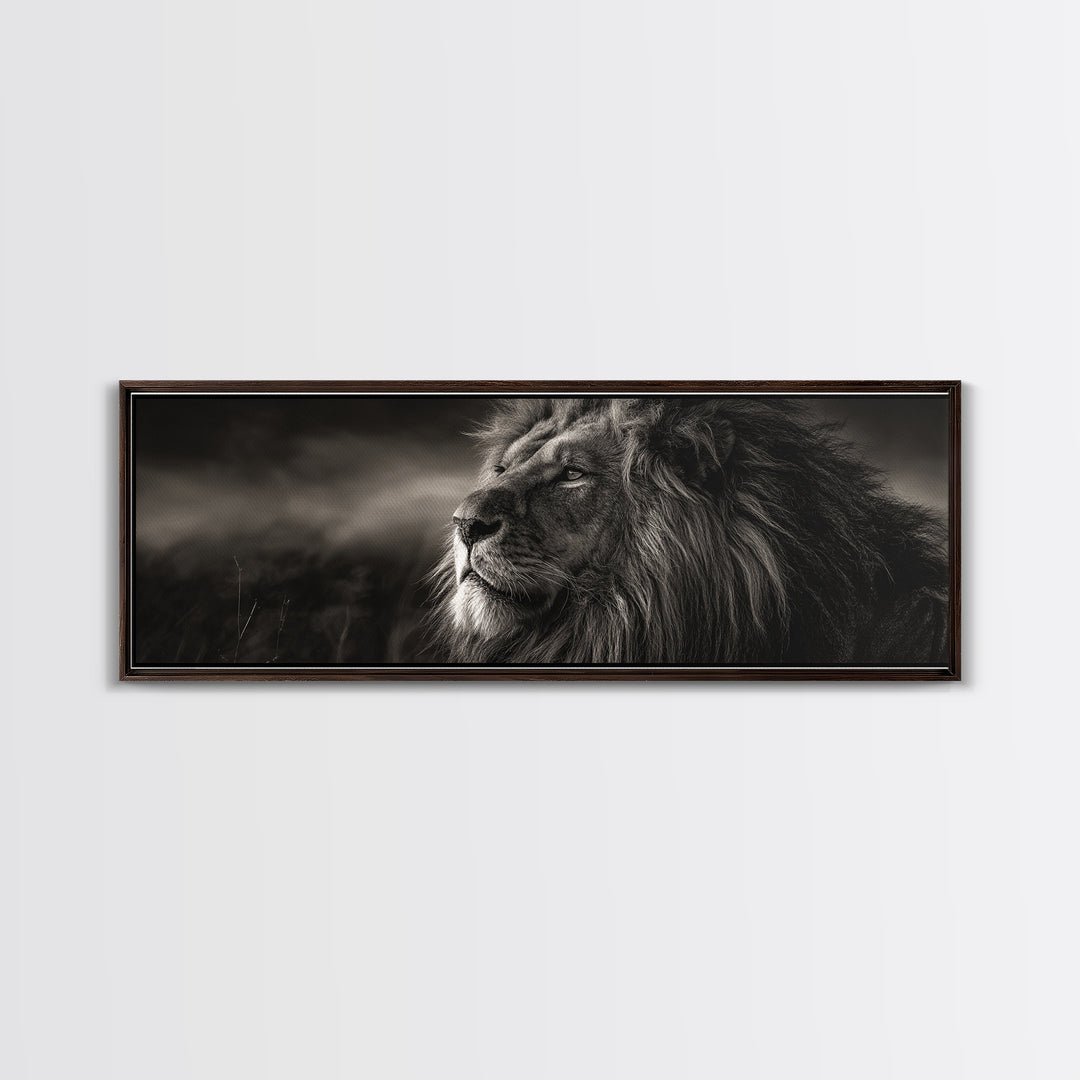 Dramatic Black and White Lion Portrait Framed Canvas Print, Black and White Art, Wood Wall Art, Living Room Decor, Monochrome, BAW-3x1-9