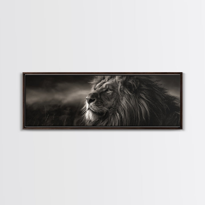 Dramatic Black and White Lion Portrait Framed Canvas Print, Black and White Art, Wood Wall Art, Living Room Decor, Monochrome, BAW-3x1-9