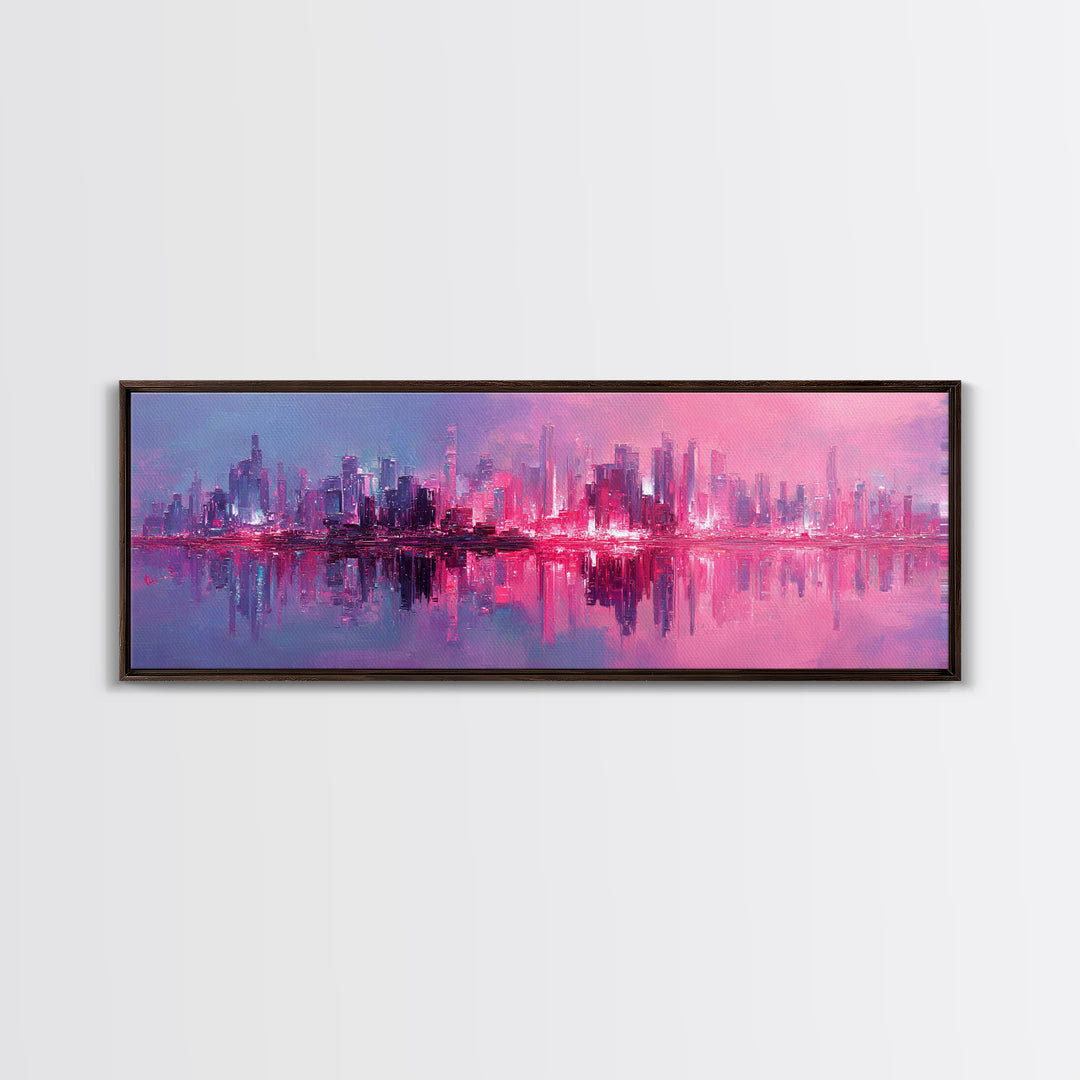 Monochrome City Skyline Reflected Framed Canvas Print, Black and White Art, Art Print, Living Room Decor, Fine Art, Monochrome, BAW-3x1-99
