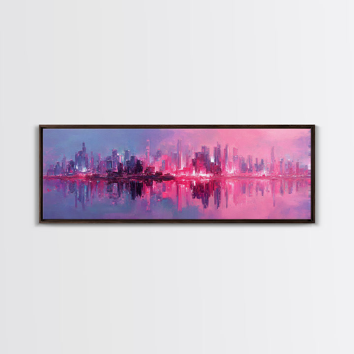 Monochrome City Skyline Reflected Framed Canvas Print, Black and White Art, Art Print, Living Room Decor, Fine Art, Monochrome, BAW-3x1-99