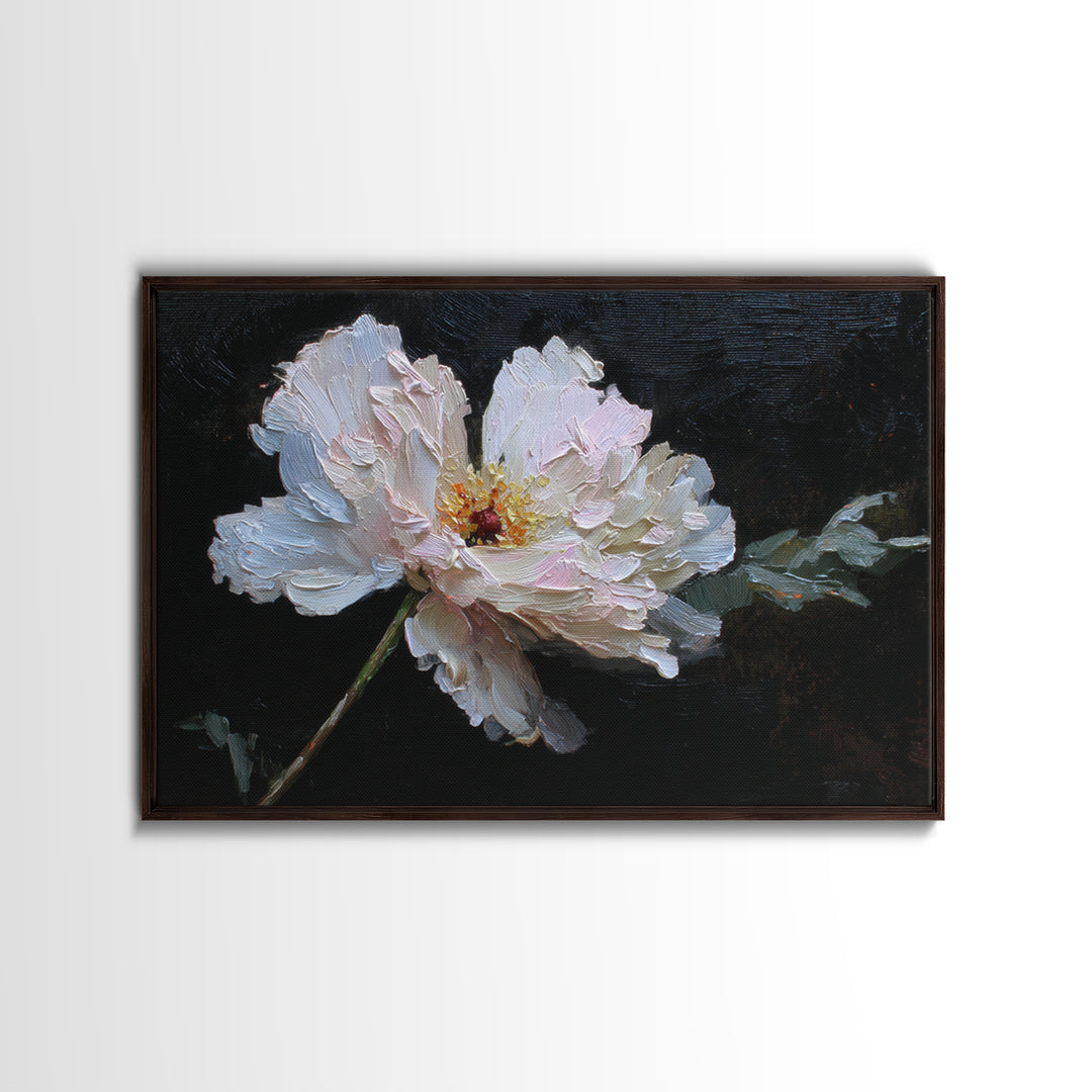 White Flower on Deep Black Background Canvas Print, Black and White Art, Living Room Wall Art, Living Room Decor, Monochrome, BAW-3x2-16