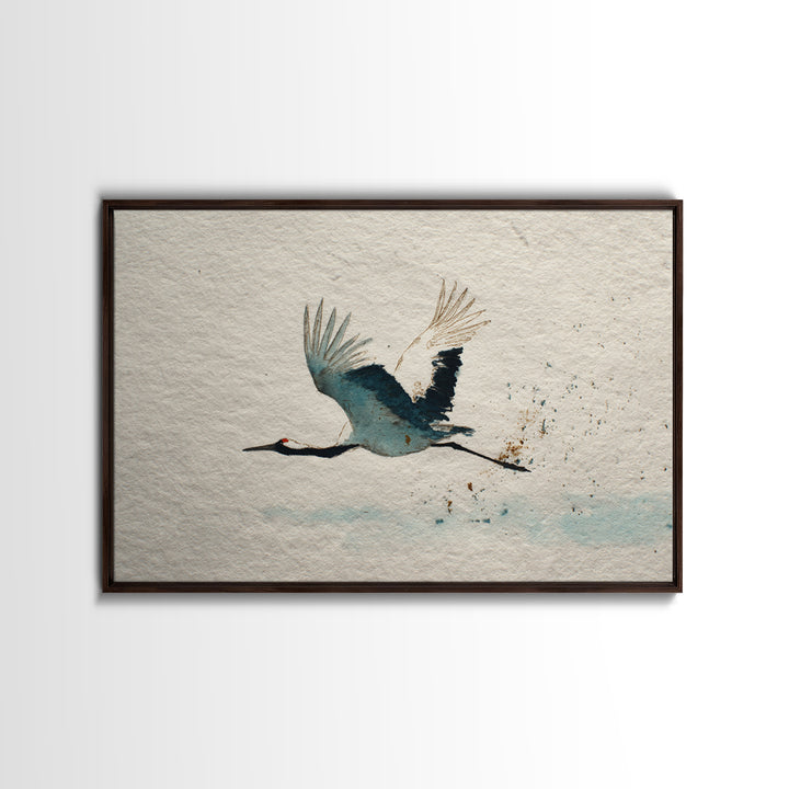 Black Ink Crane Flying Across Empty Sky Canvas Print, Black and White Art, Retro Wall Art, Living Room Decor, Monochrome, BAW-3x2-17