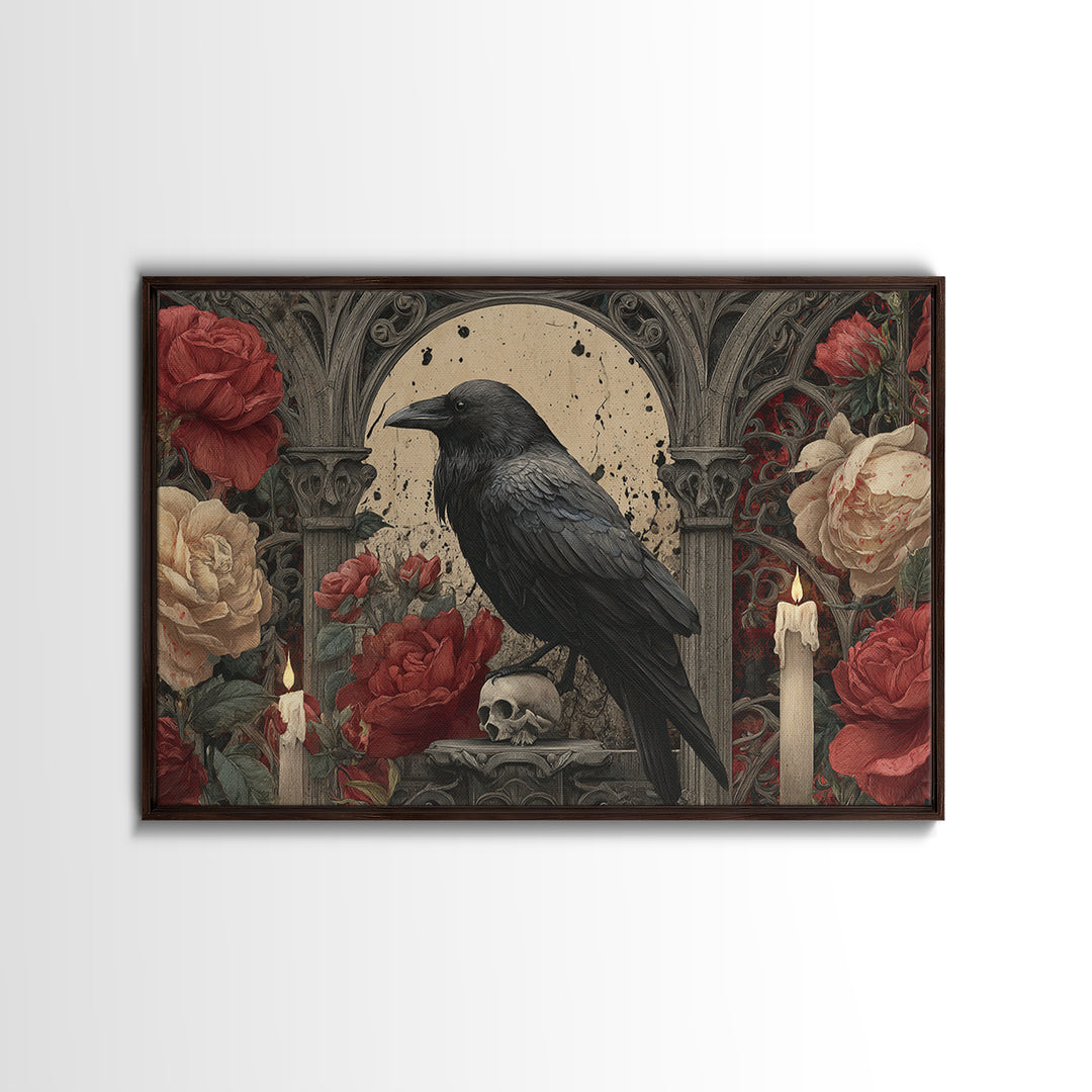 Ink Splatter Raven Composition Framed Canvas Print, Black and White Art, Photography Prints, Living Room Decor, Monochrome, BAW-3x2-24