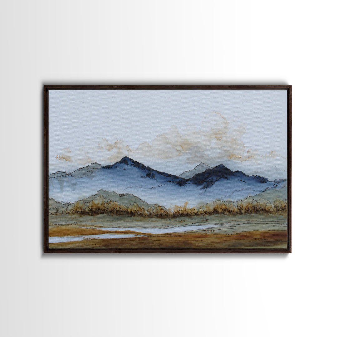 Black Ink Mountain Range Canvas Print, Black and White Art, Canvas Print, Living Room Decor, Oil Painting, Monochrome, BAW-3x2-30