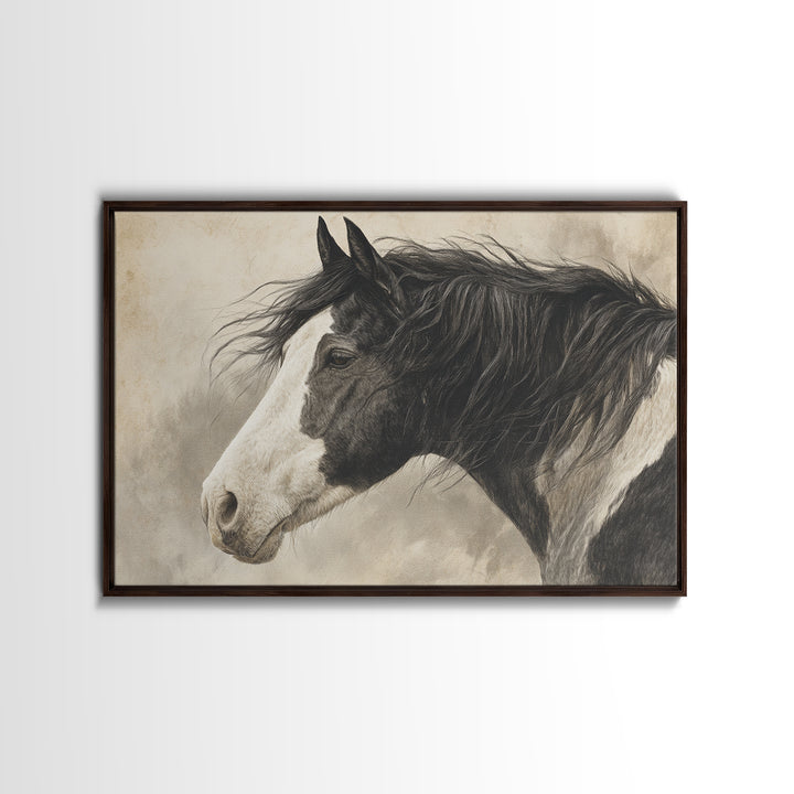 Black and White Wild Horse Portrait Canvas Print, Black and White Art, Cabin Decor, Living Room Decor, Fine Art, Monochrome, BAW-3x2-33