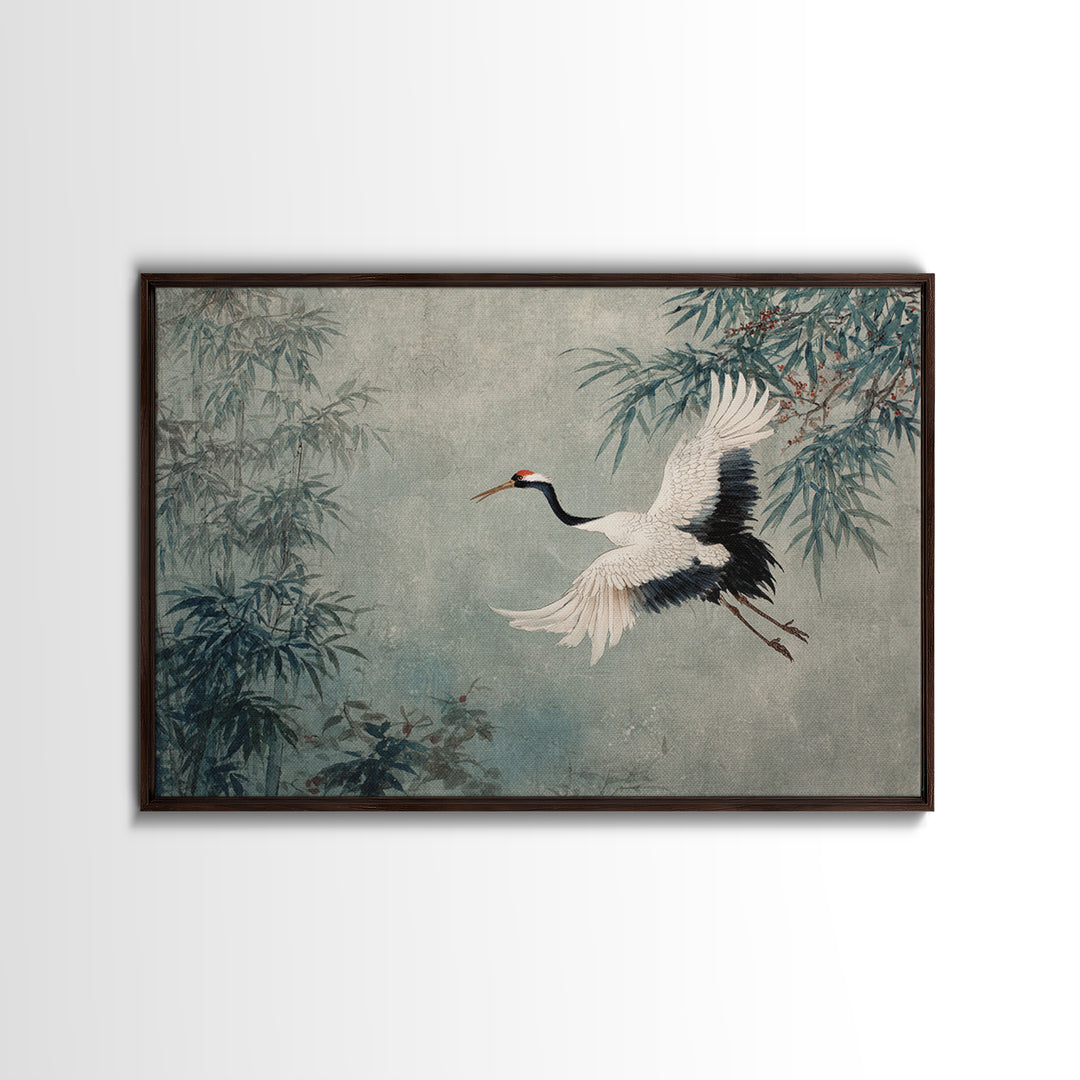 Black Ink Crane Flying Across Empty Sky Canvas Print, Black and White Art, Photo Prints, Living Room Decor, Monochrome, BAW-3x2-41